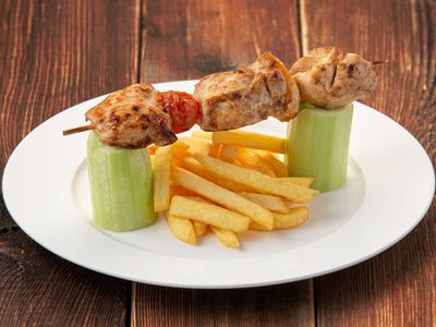 Chicken skewers (from chicken fillet) with French fries